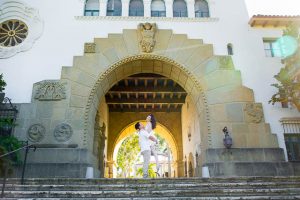 Creative bride and groom photos taken at the Santa Barbara Courthouse.