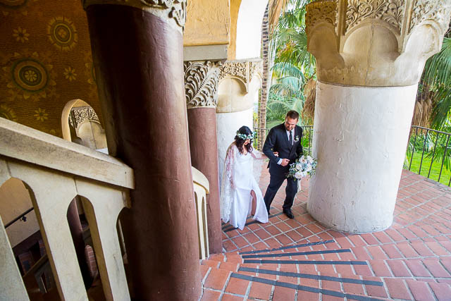 Couple embracing after their Santa Barbara Courthouse elopement.