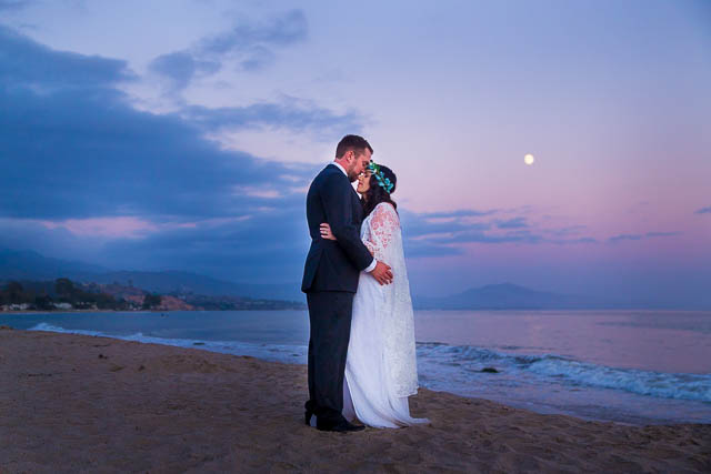 Bride and groom Santa Barbara elopement sunset photos on Butterfly Beach.