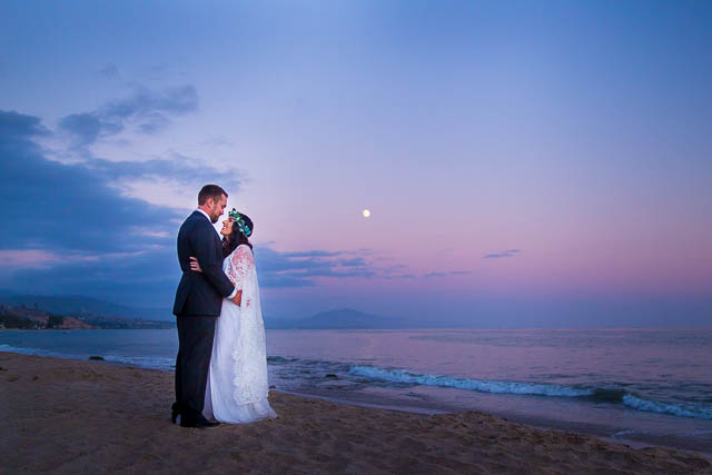 Bride and groom Santa Barbara elopement sunset photos on Butterfly Beach.