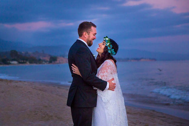 Bride and groom Santa Barbara elopement sunset photos on Butterfly Beach.