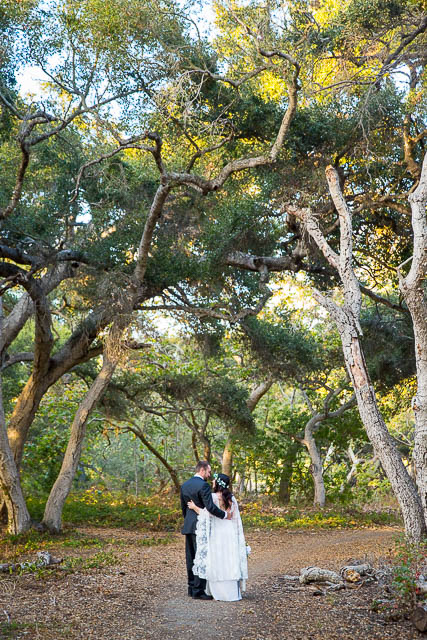 Newlyweds walking around at Ennisbrook trails.