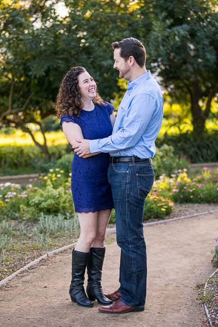 Bride and groom laughing at Alice Keck Park Memorial Gardens in Santa Barbara, California.