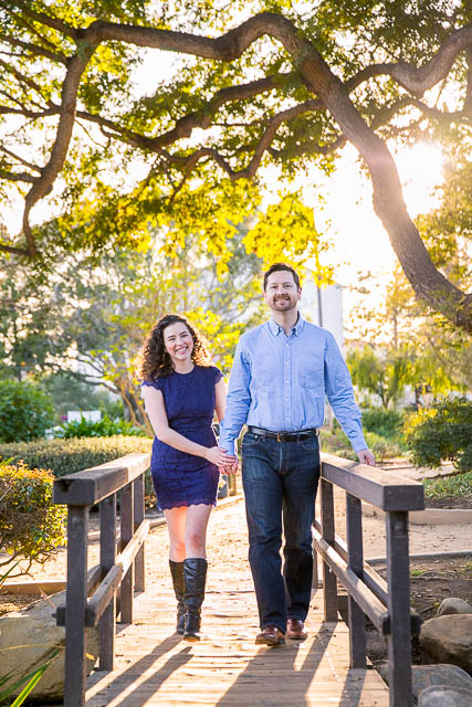 Engaged couple walking around Alice Keck Park in Santa Barbara, Califronia.
