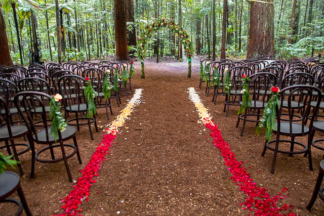 Wedding ceremony set up at Rotorua's Redwood Forest Under the Sails wedding venue.