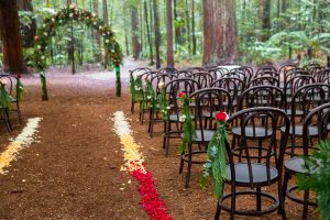 Wedding ceremony set up at Rotorua's Redwood Forest Under the Sails wedding venue.