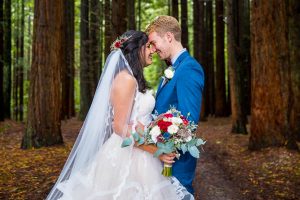 Bride and groom portraits at their Rotorua Redwood Forest wedding in New Zealand.