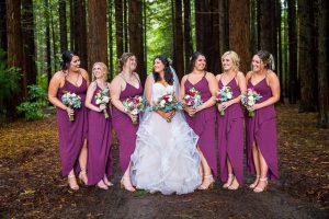 The bride with her bridesmaids at her Rotorua Redwoods in New Zealand wedding.