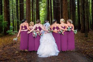 The bride with her bridesmaids at her Rotorua Redwoods in New Zealand wedding.