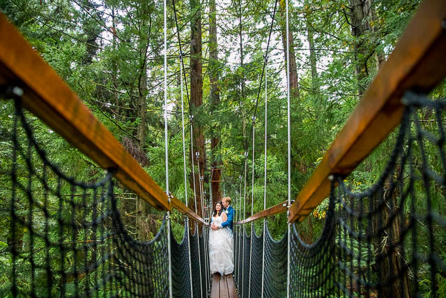 Newlyweds holding each other at the Rotorua Redwoods Treewalk.
