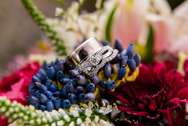 Photos of the wedding rings in the bridal bouquet during the Rotorua New Zealand wedding.