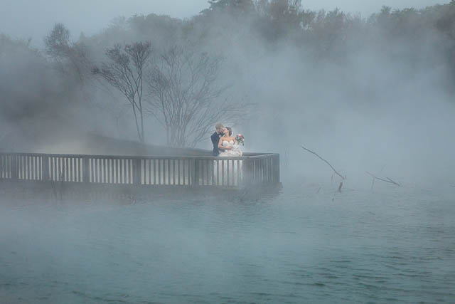 The newlyweds walking around the geothermal Kuirau Park in Rotorua, New Zealand.