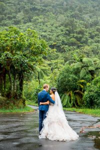 Bride and groom enjoying the tropical scenery right outside Rotorua, New Zealand.