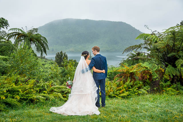 Bride and Groom enjoying the Blue and Green Lake viewing point in Rotorua, New Zealand.