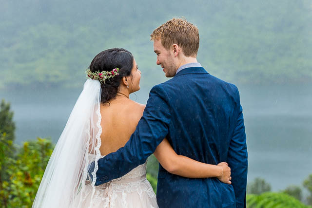 Bride and Groom enjoying the Blue and Green Lake viewing point in Rotorua, New Zealand.