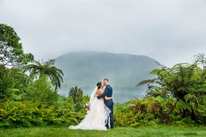 Bride and Groom enjoying the Blue and Green Lake viewing point in Rotorua, New Zealand.