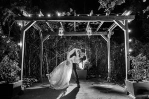 Night-time photo of the bride and groom at their The Ranch House Ojai wedding.