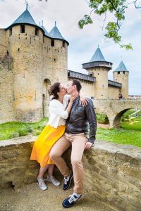 Newlyweds embracing during their wedding photographs in France, taken by LA-based destination wedding photographer, Karen D Photography.