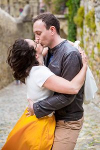 couple embracing during their Engagement photographs in France, taken by LA-based destination wedding photographer, Karen D Photography.