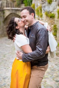 couple embracing during their Engagement photographs in France, taken by LA-based destination wedding photographer, Karen D Photography.
