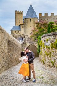 Engagement photos of couple at Carcassonne, France.