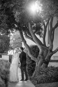 Sunset portraits of the newlyweds after their Oak Tree Suite wedding ceremony at the Belmond El Encanto Hotel.