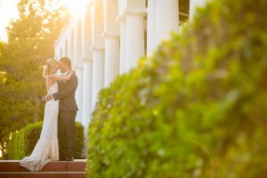Sunset portraits of the newlyweds after their Oak Tree Suite wedding ceremony at the Belmond El Encanto Hotel.