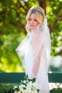 Boho bride wearing a veil at her Belmond El Encanto wedding.