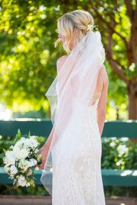 Boho bride wearing a veil at her Belmond El Encanto wedding.