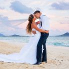 Sunset wedding photos at Lanikai Beach, Honolulu Hawaii wedding.