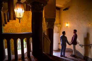 Silhouette of a gay couple at the Santa Barbara Courthouse staircase.