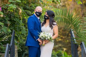 Bride and groom wearing masks during Covid Santa Barbara Courthouse wedding.