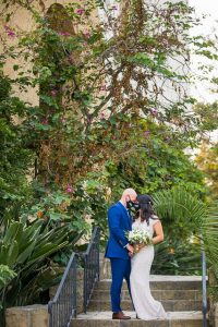 Bride and groom wearing masks during Covid Santa Barbara Courthouse wedding.