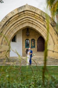 Newlyweds at the Santa Barbara Courthouse during their coronavirus wedding.