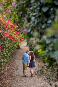 Fiancé and Fiancée strolling together during their romantic Santa Barbara engagement photoshoot.
