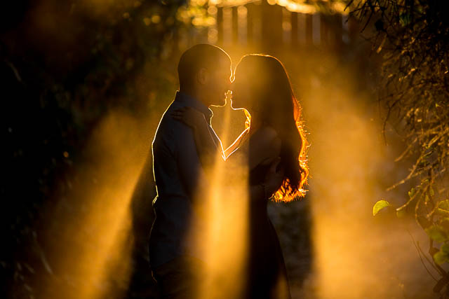 Couple basking in the golden hour sunset lighting during their engagement photoshoot.