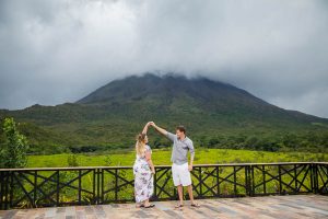 Newlyweds photos in front of Arenal Volcano in La Fortuna, Costa Rica.