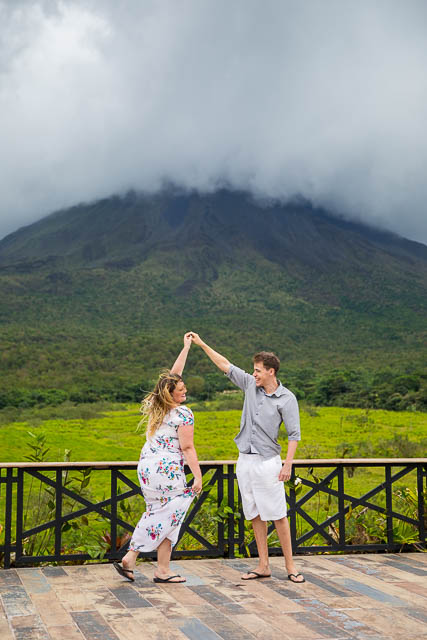 Newlyweds photos dancing in front of Arenal Volcano in La Fortuna, Costa Rica.