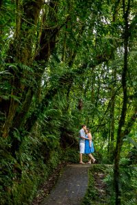 Creative and adventurous engagement photos in the Monteverde cloud forest, Costa Rica.