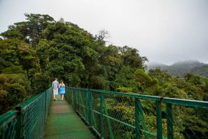 Couple walking across the hanging bridges in the rain cloud forest of Selvatura Park in Monteverde, Costa Rica.