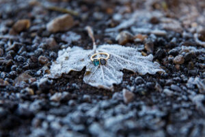 Unique Marrow and Fine engagement ring on snowy leaf