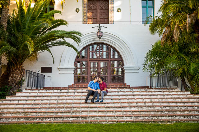 LGBTQIIA couple embracing at the Fiesta Stage steps at the Santa Barbara Courthouse