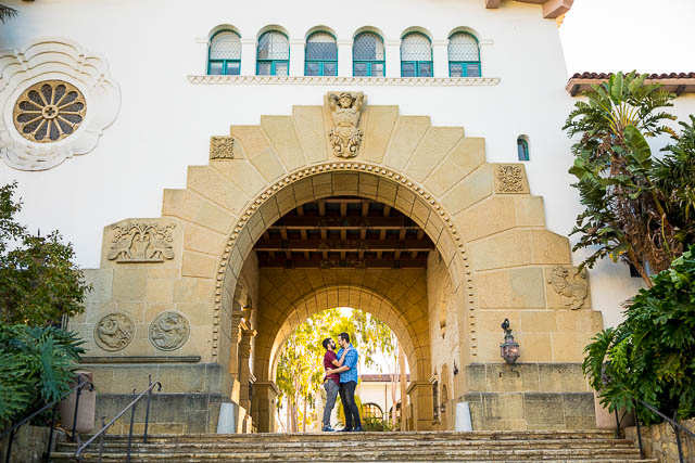 Gay couple at the Santa Barbara Courthouse arches for their engagement session. 